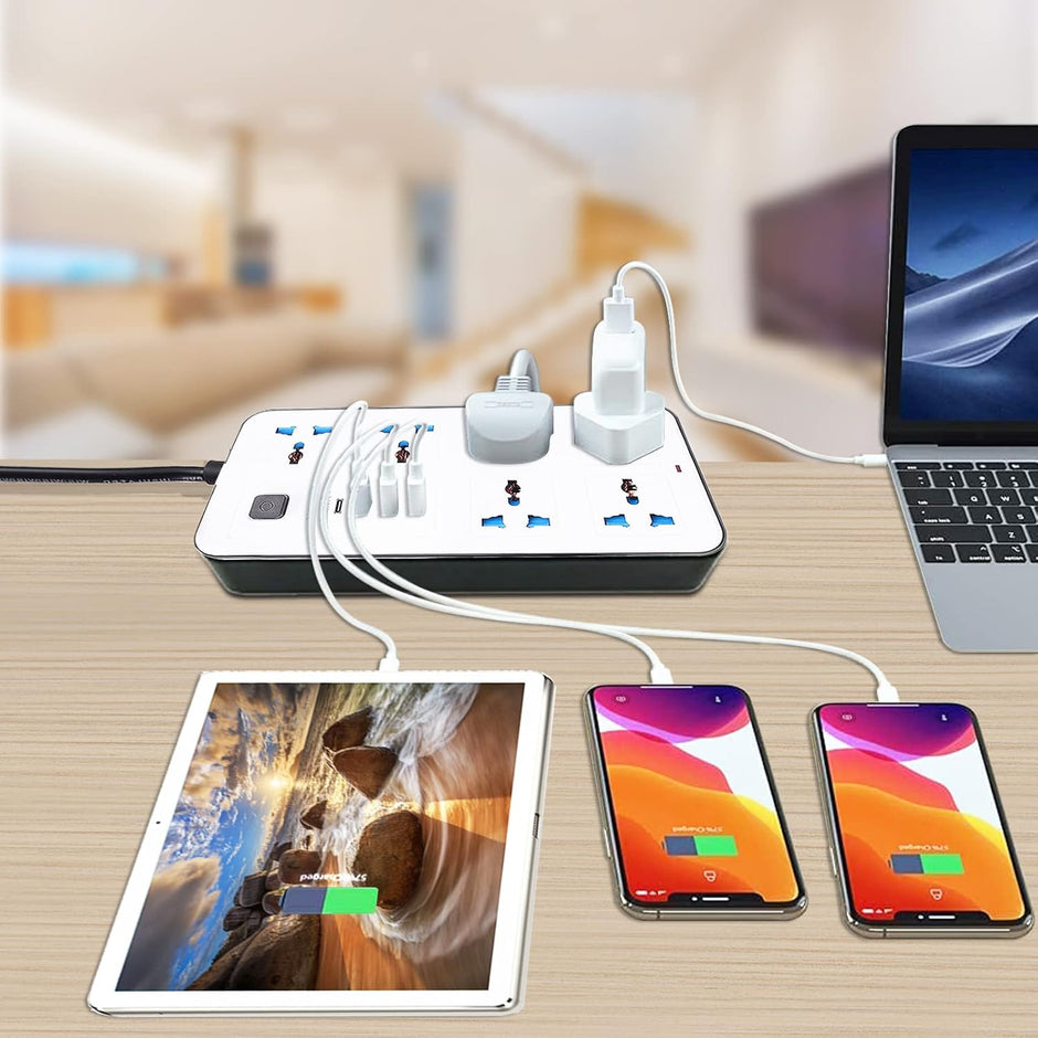 Regleta Multi Puertos con 6 Tomas, 3 USB y 1 Puerto Tipo C – Protección y Versatilidad