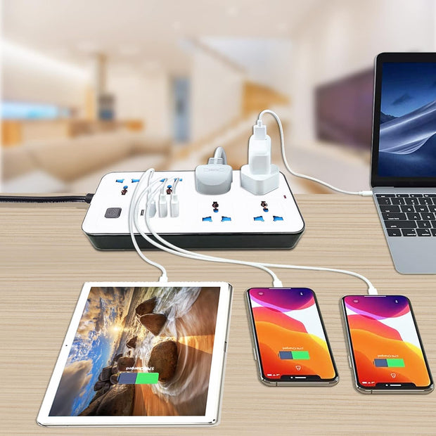 Regleta Multi Puertos con 6 Tomas, 3 USB y 1 Puerto Tipo C – Protección y Versatilidad