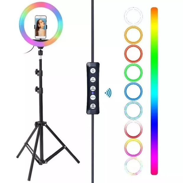 Aro de Luz LED RGB con Base Ajustable para Celular – Ideal para Selfies, Videos y Videollamadas